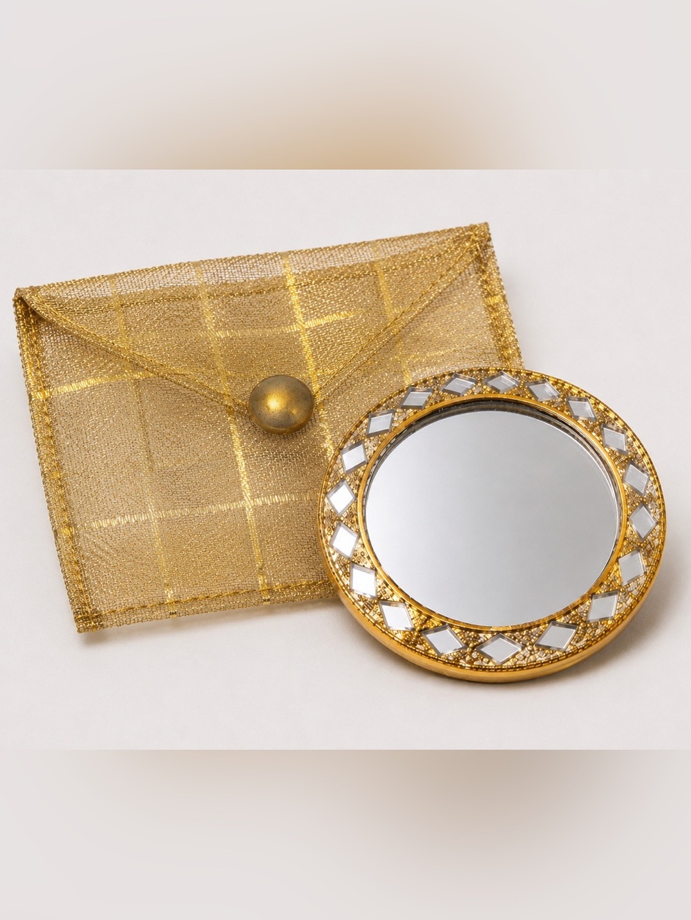 Vintage Gold Mosaic Compact Mirror & Pouch NWOT